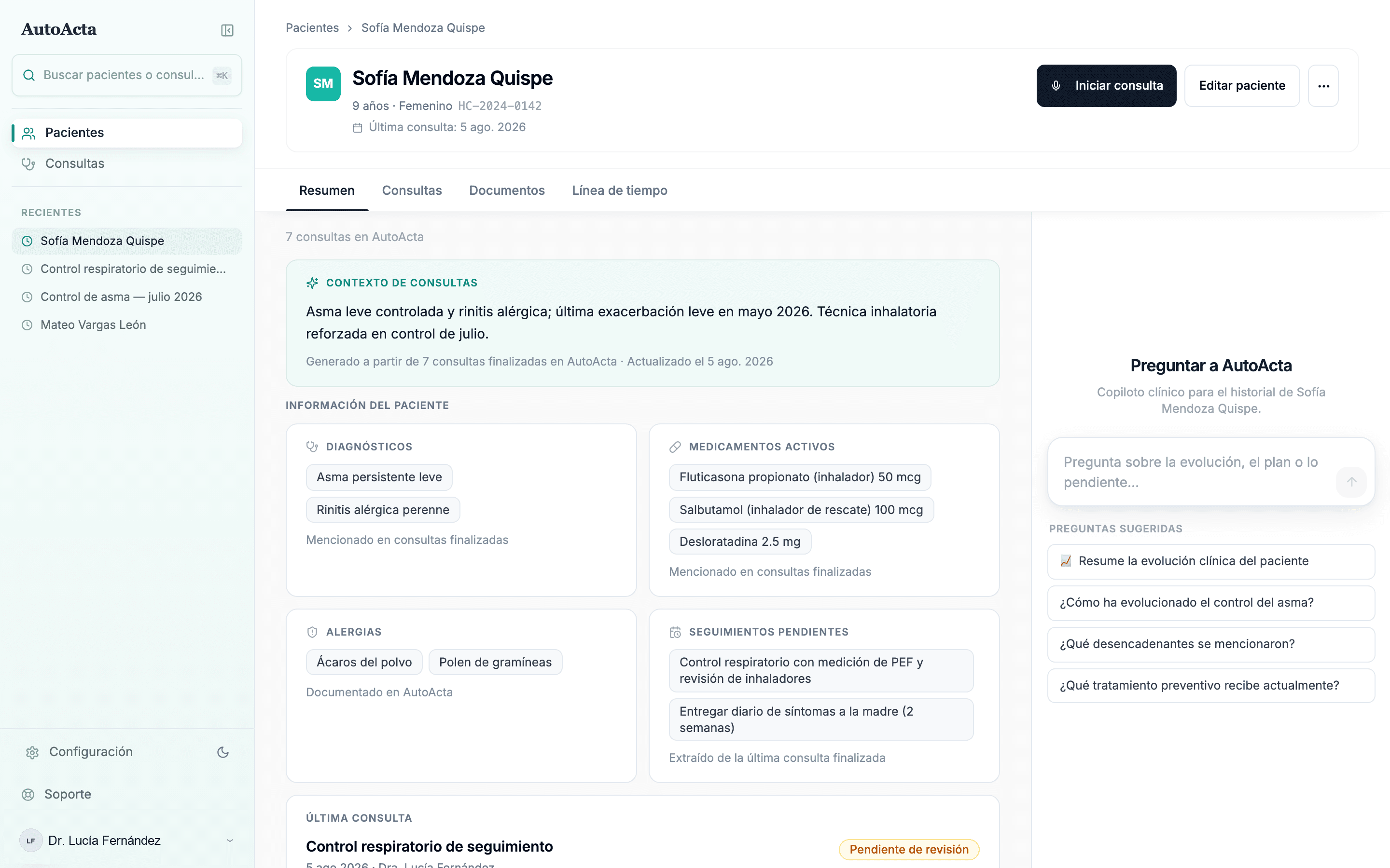 Perfil del paciente en AutoActa con contexto clínico, medicamentos activos y seguimientos pendientes.
