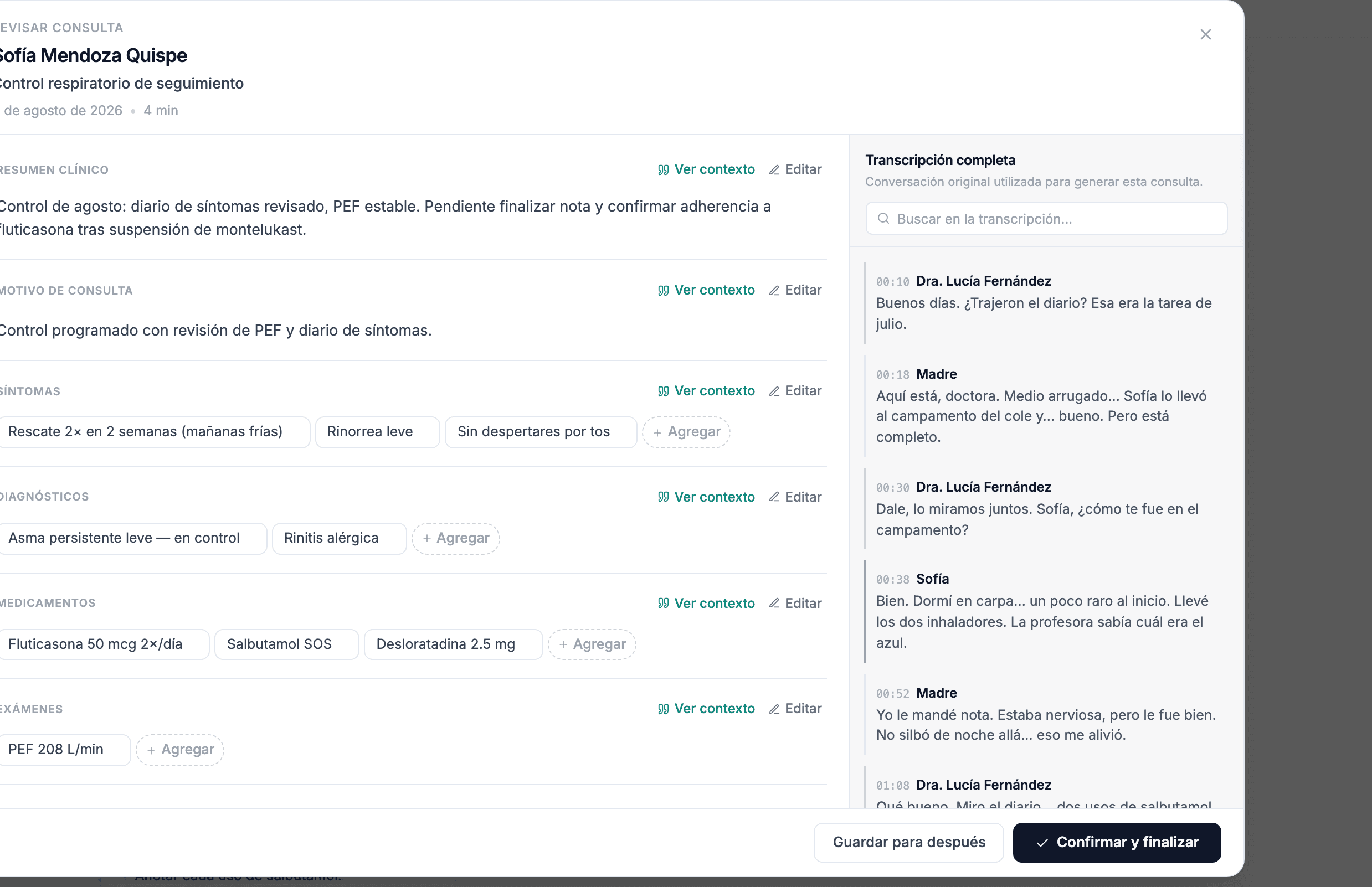 AutoActa organiza información clínica y transcripción durante la consulta.